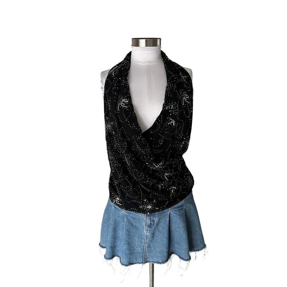 Zara Halter Top M Black Silver Sequin Draped Cowl Neck Backless